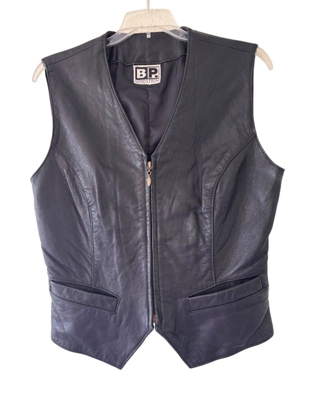 BP. Nordstrom Womens Black Leather 2 Pocket Lined Vest With Zipper Closure
